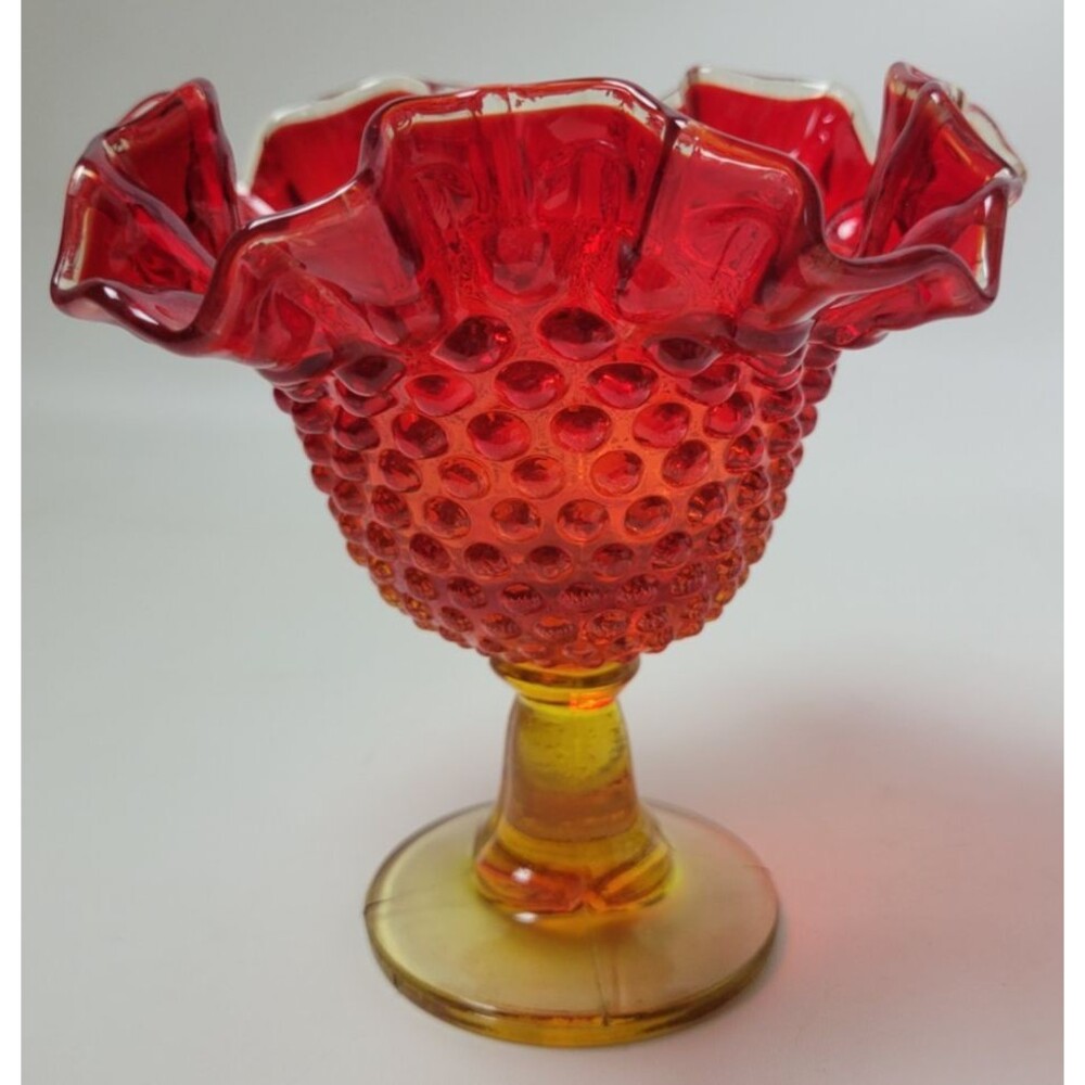 Vintage Fenton Red Amberina Hobnail Glass Pedestal Ruffled Compote Dish‎